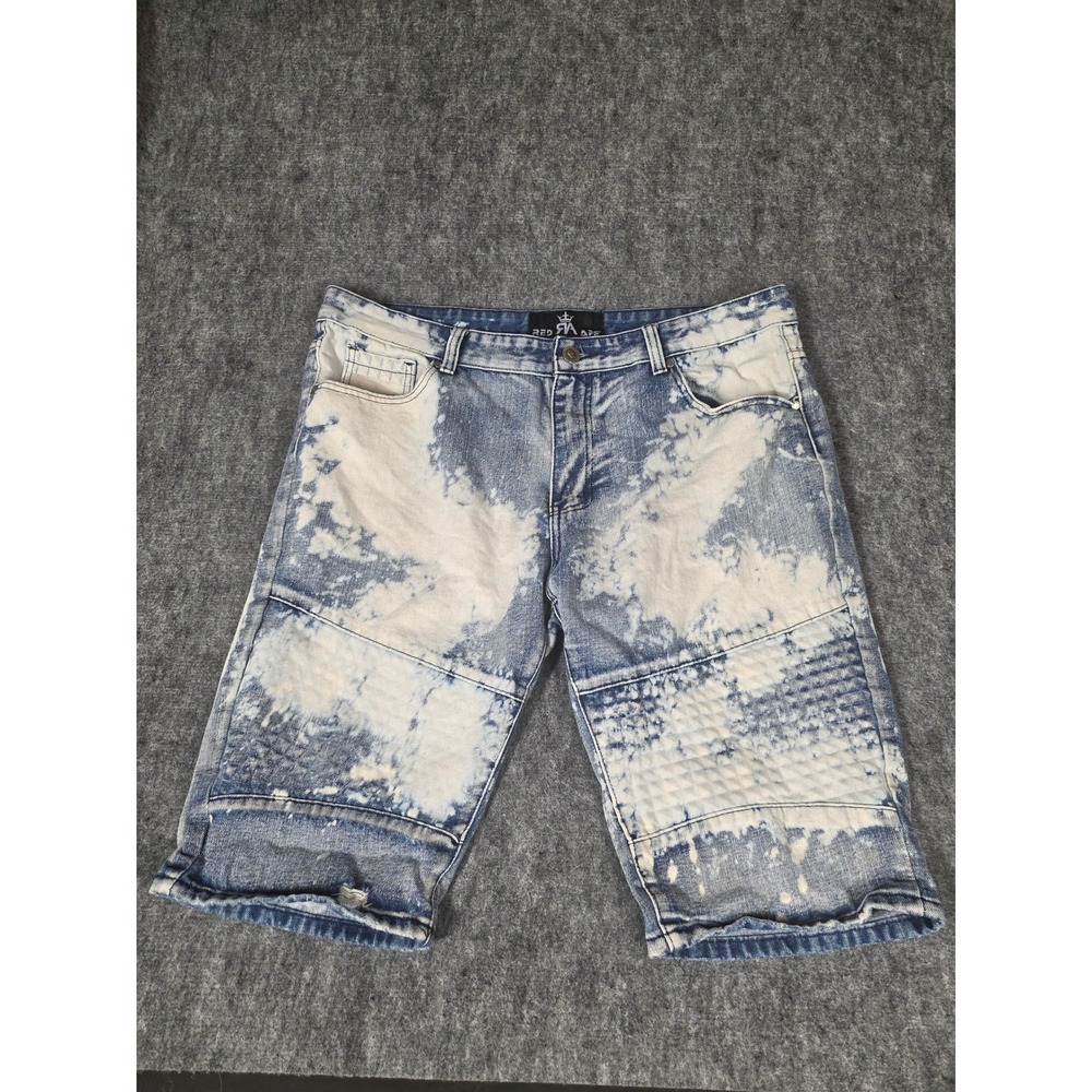 Red Ape Mens 38 Jean Shorts Acid Bleach Wash Moto Biker Denim Jorts Streetwear